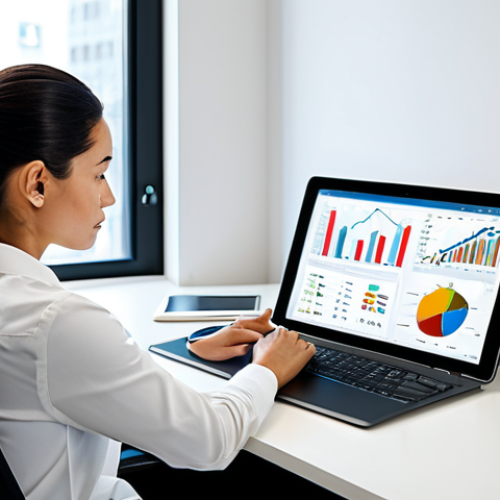 Home 14 A professional individual, appearing calm and focused, seated at a clean, minimalist desk in a modern office or home study. They are looking at a digital tablet or laptop screen, which displays clear, organized financial charts and budget spreadsheets, symbolizing financial awareness and detailed expense tracking. The person is fully clothed in modest business casual attire. The environment is bright and uncluttered, emphasizing order and control.
* **Safety Terms:** safe for work, appropriate content, fully clothed, professional dress, modest clothing
* **Anatomy & Quality:** perfect anatomy, correct proportions, natural pose, well-formed hands, proper finger count, natural body proportions, professional photography, high quality, clean lines