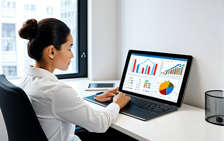 A professional individual, appearing calm and focused, seated at a clean, minimalist desk in a modern office or home study. They are looking at a digital tablet or laptop screen, which displays clear, organized financial charts and budget spreadsheets, symbolizing financial awareness and detailed expense tracking. The person is fully clothed in modest business casual attire. The environment is bright and uncluttered, emphasizing order and control.
* **Safety Terms:** safe for work, appropriate content, fully clothed, professional dress, modest clothing
* **Anatomy & Quality:** perfect anatomy, correct proportions, natural pose, well-formed hands, proper finger count, natural body proportions, professional photography, high quality, clean lines