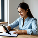 A calm and focused young adult, possibly of Turkish ethnicity, in their late 20s or early 30s, sitting comfortably at a clean, modern desk in a sunlit home office. They are gently smiling, looking at a tablet displaying a minimalist financial budgeting application with charts and graphs. The desk has a few essential items: a neat planner, a small plant, and a cup of coffee. The background shows a subtly blurred contemporary living space. The overall atmosphere conveys financial control, peace, and order. Fully clothed, appropriate attire, modest clothing, safe for work, professional, perfect anatomy, correct proportions, natural pose, well-formed hands, proper finger count, natural body proportions, high-quality professional photography.