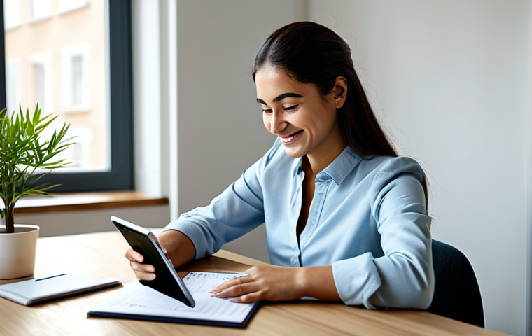 A calm and focused young adult, possibly of Turkish ethnicity, in their late 20s or early 30s, sitting comfortably at a clean, modern desk in a sunlit home office. They are gently smiling, looking at a tablet displaying a minimalist financial budgeting application with charts and graphs. The desk has a few essential items: a neat planner, a small plant, and a cup of coffee. The background shows a subtly blurred contemporary living space. The overall atmosphere conveys financial control, peace, and order. Fully clothed, appropriate attire, modest clothing, safe for work, professional, perfect anatomy, correct proportions, natural pose, well-formed hands, proper finger count, natural body proportions, high-quality professional photography.